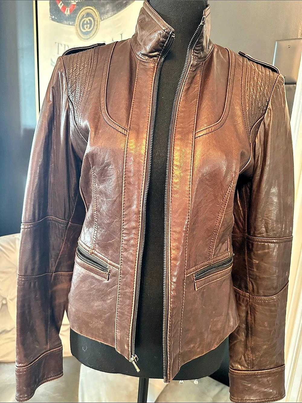 Kenneth Cole Reaction Brown Leather Moto Jacket Size Small